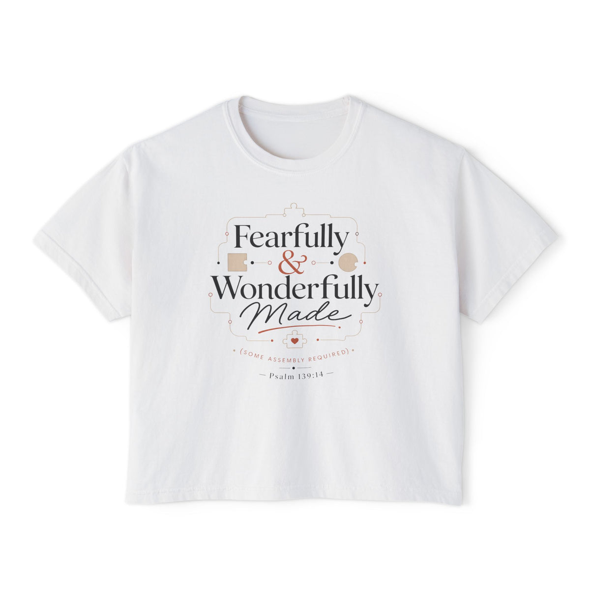 Fearfully Made Crop Tee, crop t-shirt, White, front view, FEARFULLY & WONDERFULLY MADE., Psalm 139:14 (KJV)