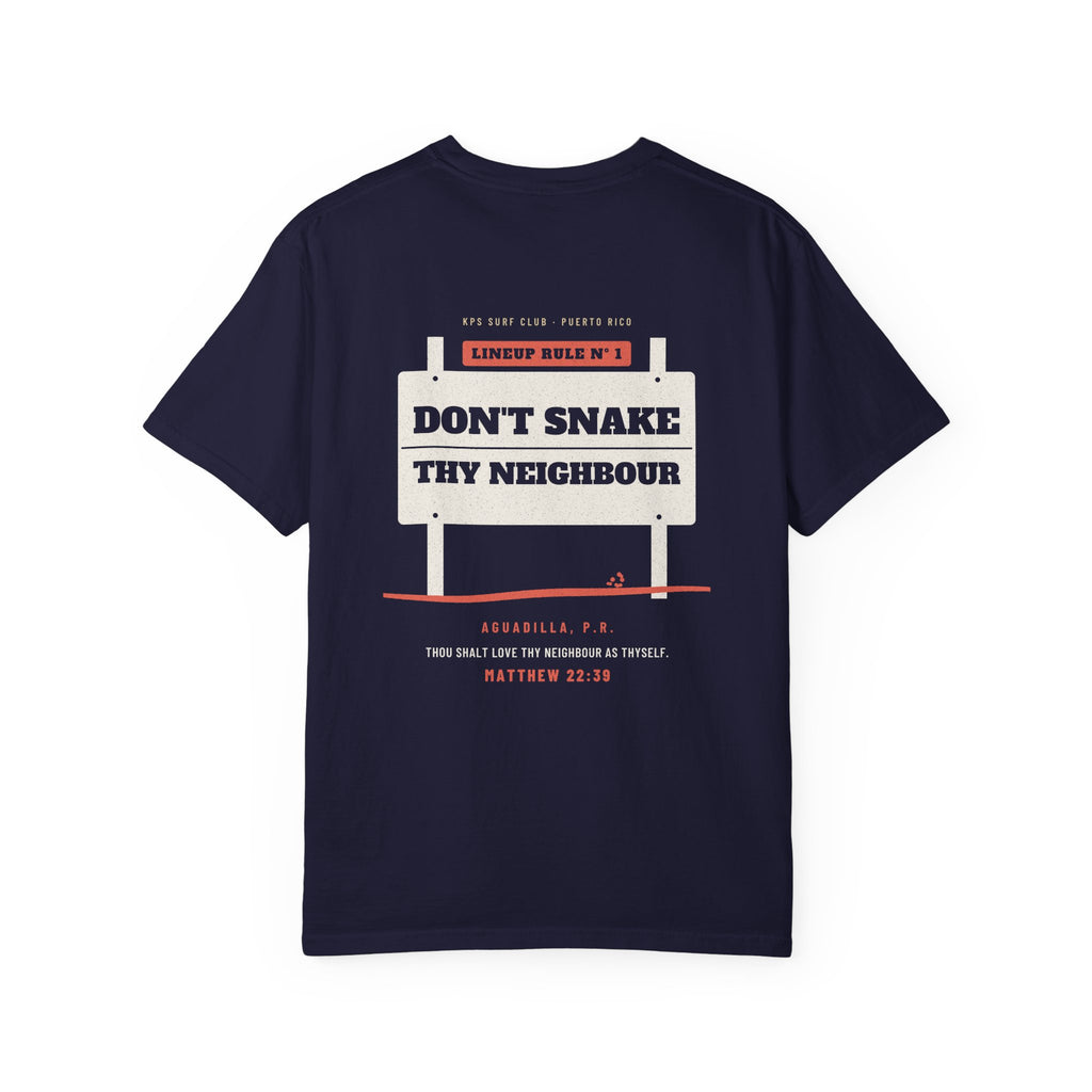 Don't Snake Thy Neighbour Surf Tee, True Navy, back view, DON'T SNAKE THY NEIGHBOUR. Matthew 22:39 (KJV)