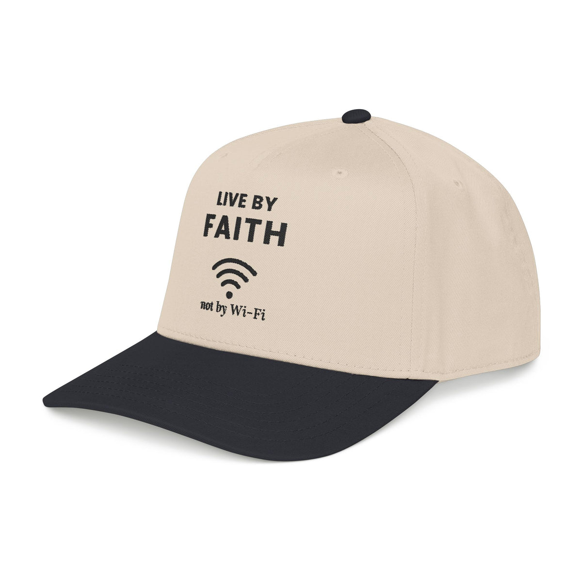 Not by Wi-Fi Cap in Natural with Black brim, left side view: LIVE BY FAITH, Wi-Fi icon, not by Wi-Fi front print, Habakkuk 2:4 (KJV)