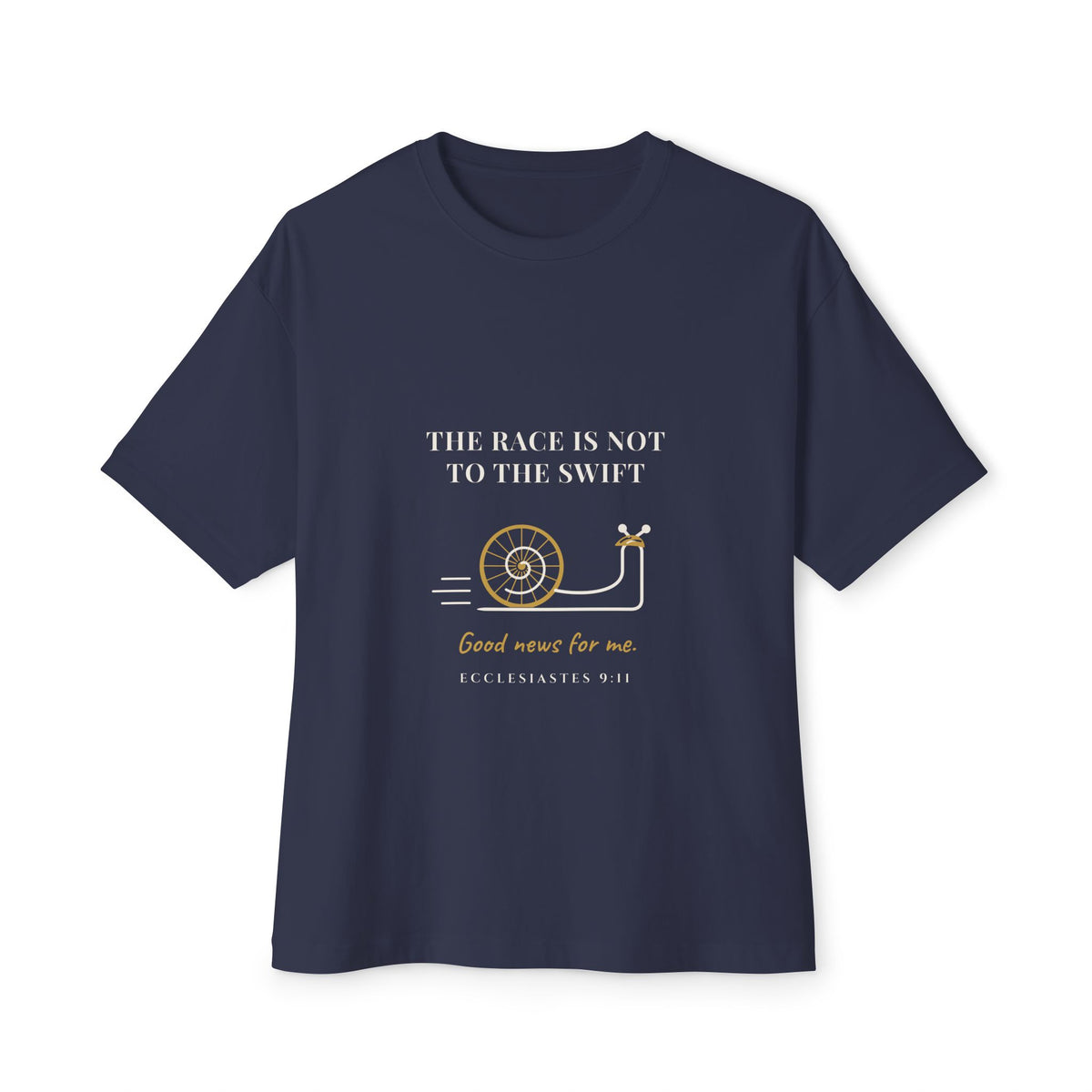 The Race Is Not to the Swift (Good News for Me) Cycling Tee, Navy, front view, THE RACE IS NOT TO THE SWIFT. (GOOD NEWS FOR ME.) Ecclesiastes 9:11 (KJV)