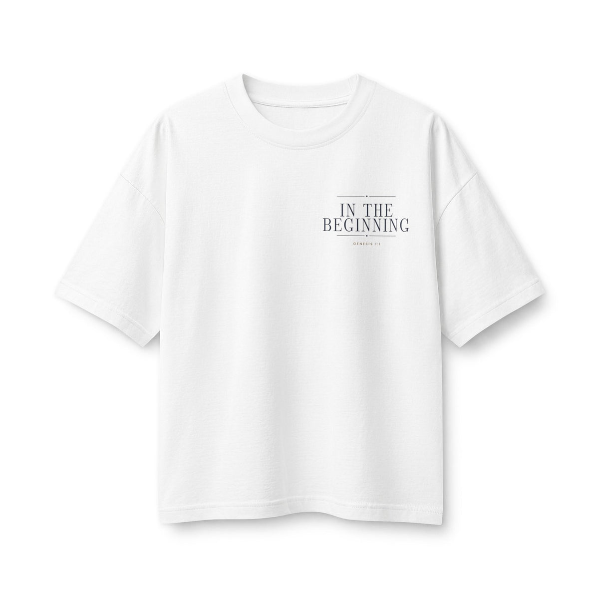 In The Beginning Women's Relaxed Tee in White, front view: small IN THE BEGINNING chest print, Genesis 1:1 (KJV)