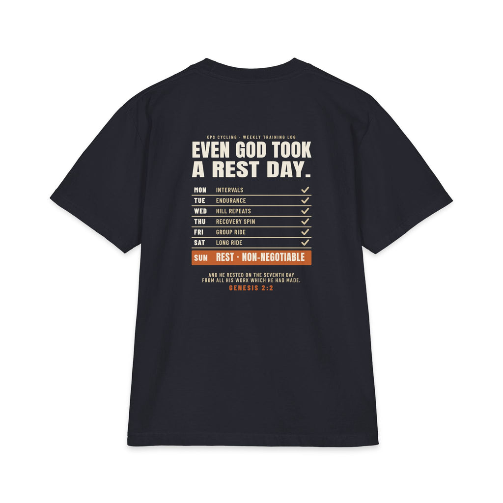 Even God Took a Rest Day Cycling Tee, Navy, back view, EVEN GOD TOOK A REST DAY. Genesis 2:2 (KJV)