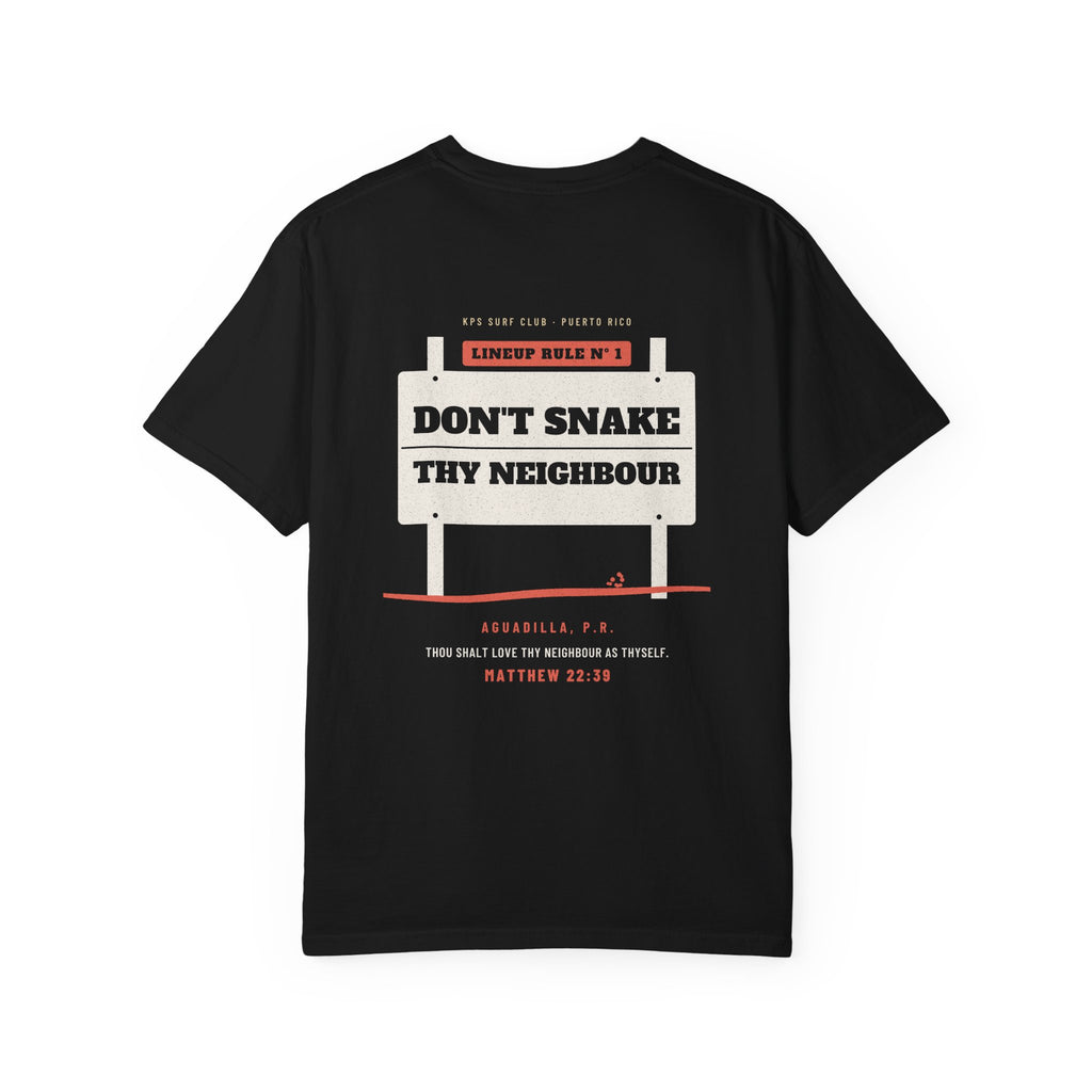 Don't Snake Thy Neighbour Surf Tee, Black, back view, DON'T SNAKE THY NEIGHBOUR. Matthew 22:39 (KJV)