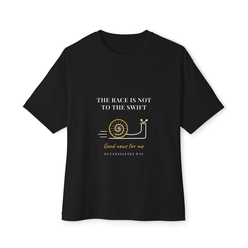 The Race Is Not to the Swift (Good News for Me) Cycling Tee, Black, front view, THE RACE IS NOT TO THE SWIFT. (GOOD NEWS FOR ME.) Ecclesiastes 9:11 (KJV)