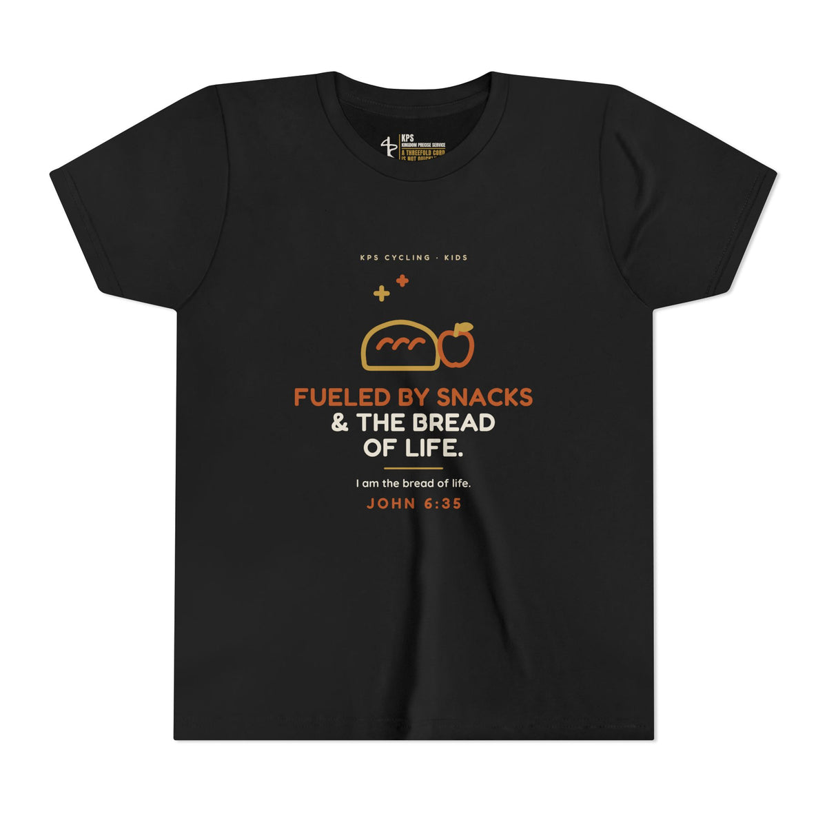 Fueled by Snacks & the Bread of Life Youth Tee, Black, front view, FUELED BY SNACKS & THE BREAD OF LIFE., John 6:35 (KJV)