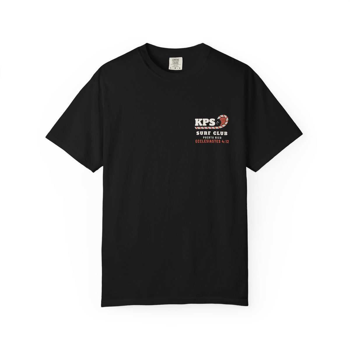 KPS Surf Club Tee, Black, front view, KPS SURF CLUB. Ecclesiastes 4:12 (KJV)