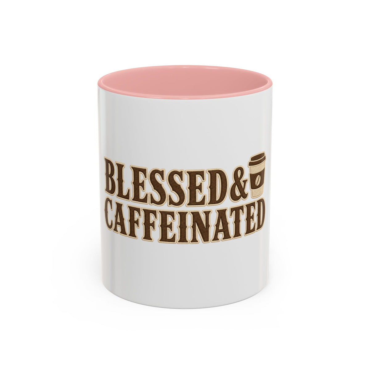 Blessed & Caffeinated Mug, mug, Pink inside and handle, front view, BLESSED & CAFFEINATED., Lamentations 3:22–23 (KJV)
