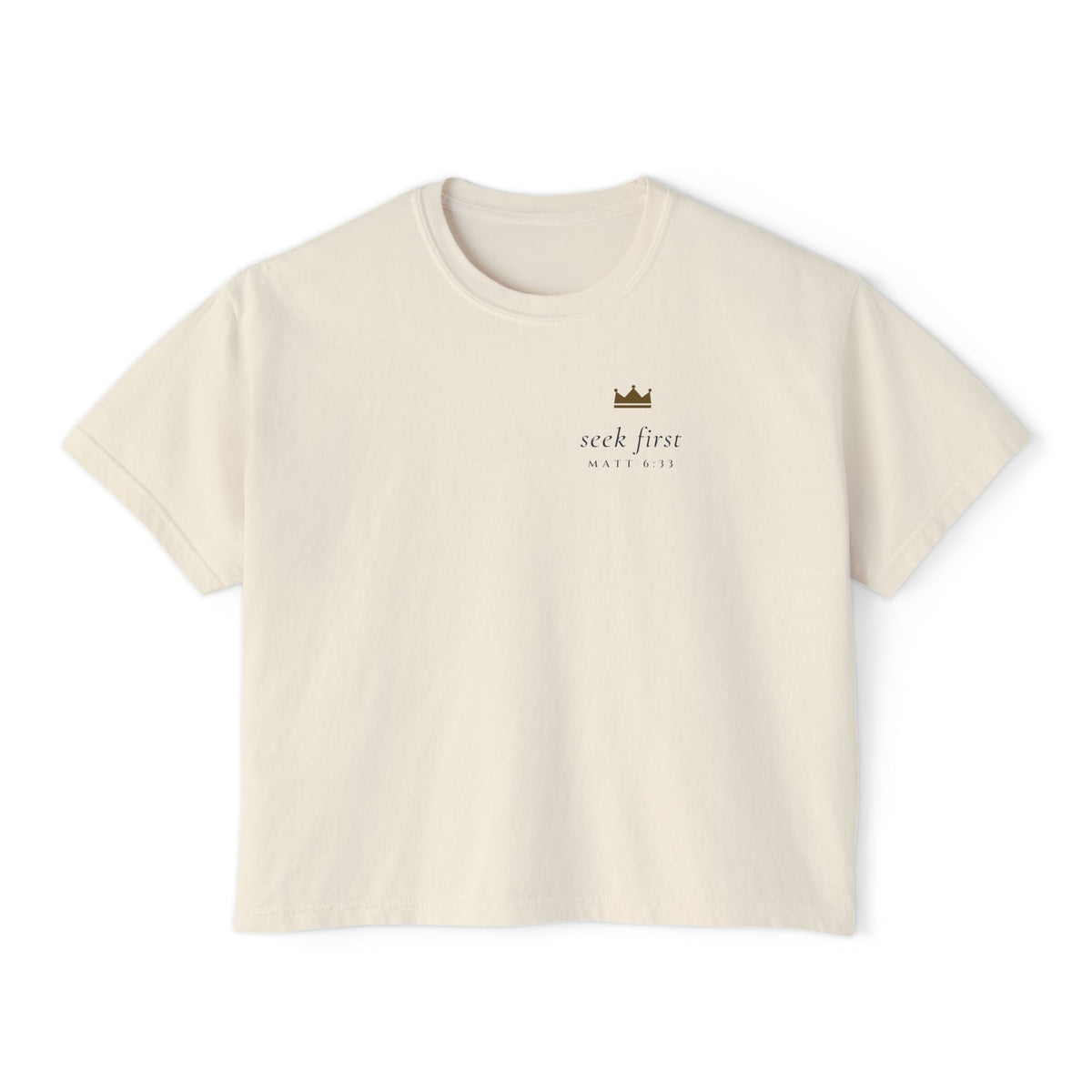 Seek First Minimal Crop Tee, t-shirt, Ivory, front view, SEEK FIRST., Matthew 6:33 (KJV)