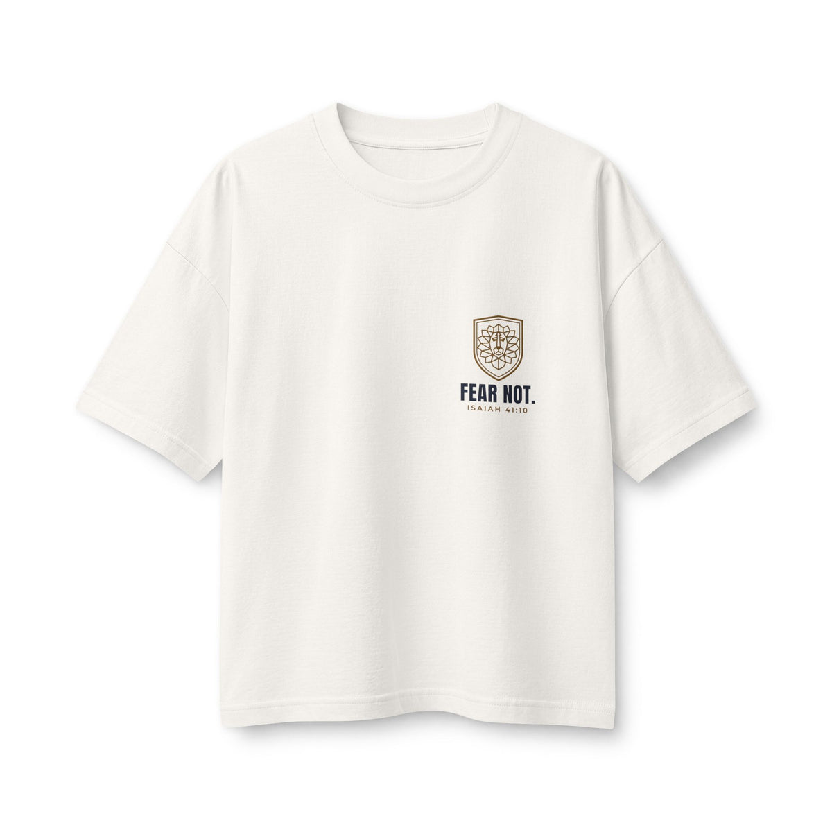 Fear Not Lion Women's Boxy Tee, Vintage White, front view, small chest print, FEAR NOT., Isaiah 41:10 (KJV)