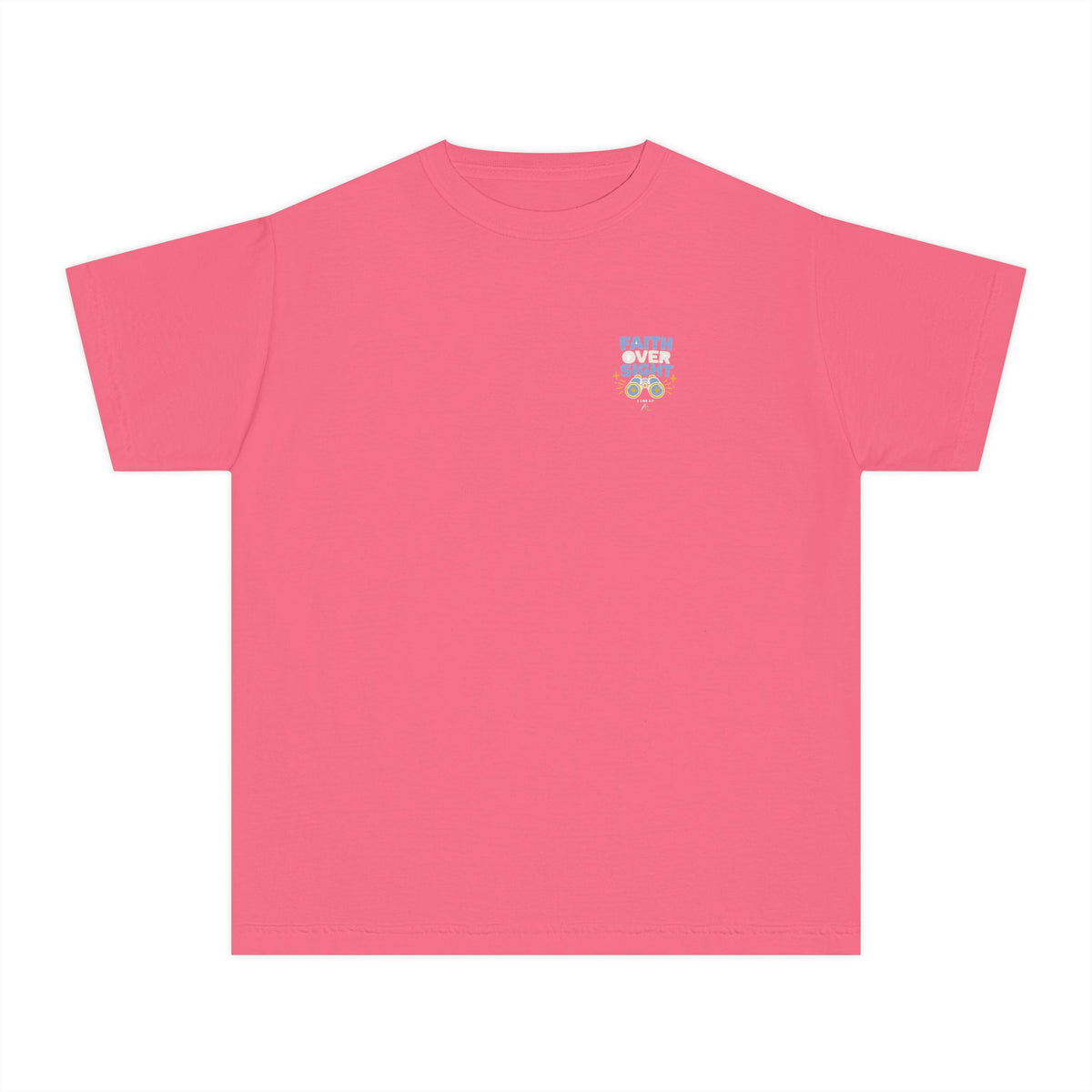 Faith Over Sight Youth Tee in Crunchberry, front view: small FAITH OVER SIGHT. binoculars chest print, 2 Corinthians 5:7 (KJV)