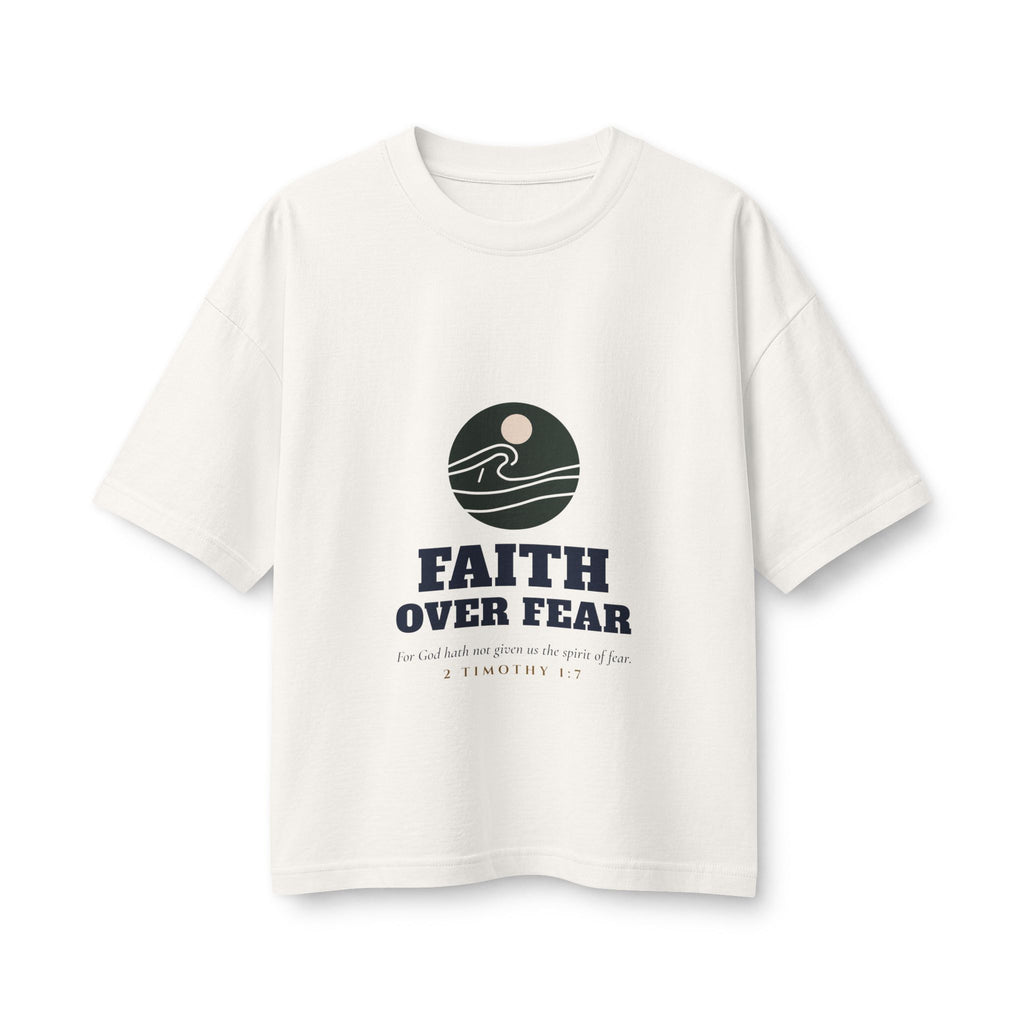 Faith Over Fear Women's Boxy Tee, Vintage White, front view, FAITH OVER FEAR., 2 Timothy 1:7 (KJV)