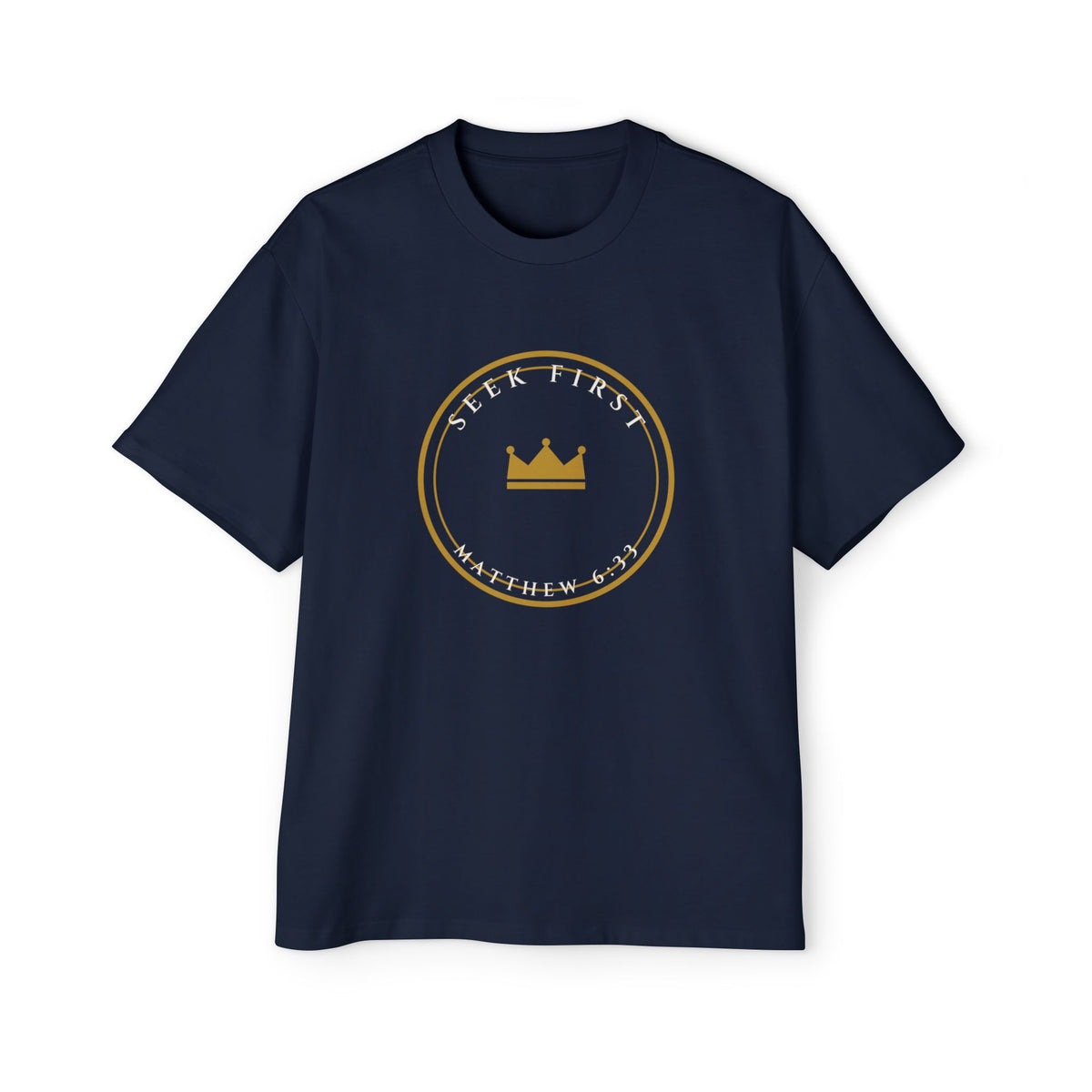 Seek First Crest Oversized Tee, t-shirt, Navy, front view, SEEK FIRST., Matthew 6:33 (KJV)
