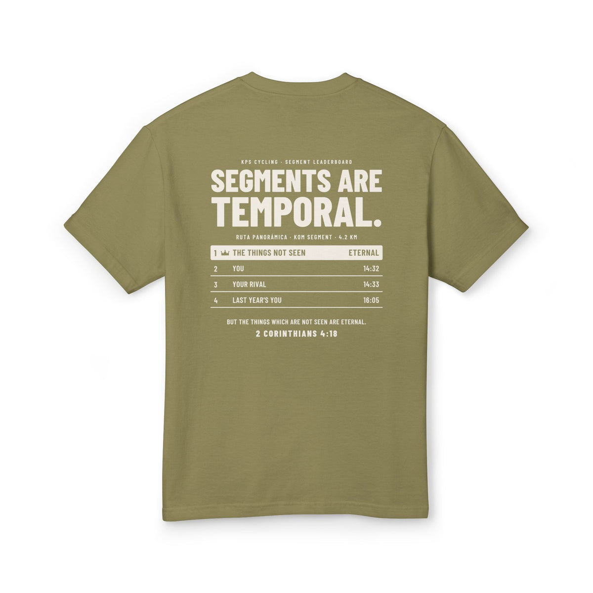 Segments Are Temporal Cycling Tee, Faded Army, back view, SEGMENTS ARE TEMPORAL., 2 Corinthians 4:18 (KJV)