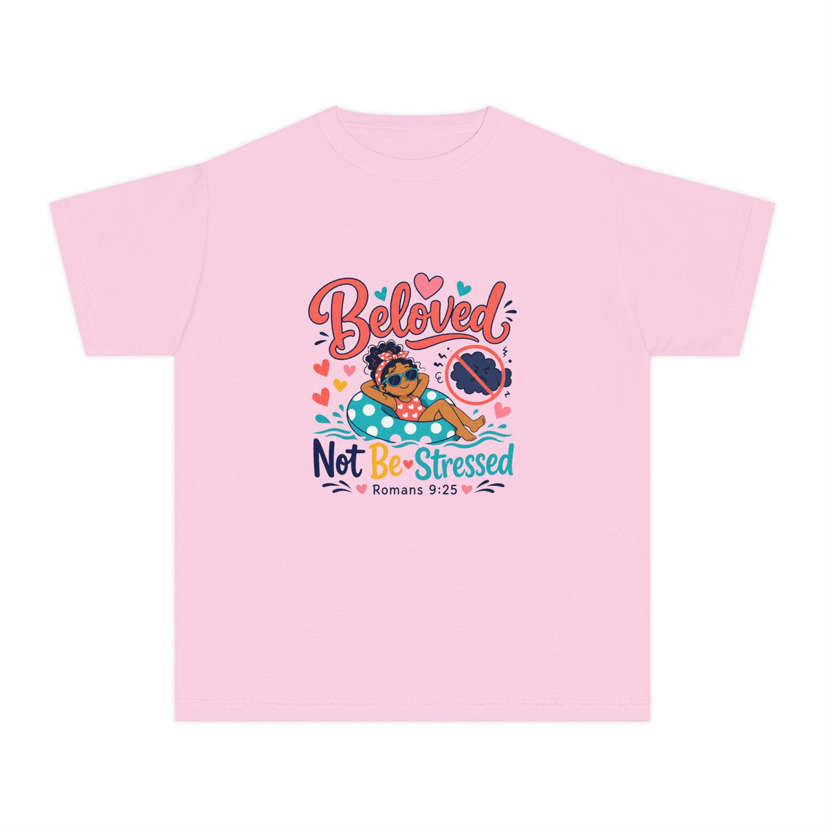Beloved Youth Tee, kids' t-shirt, Blossom, front view, BELOVED. NOT BE-STRESSED., Romans 9:25 (KJV)
