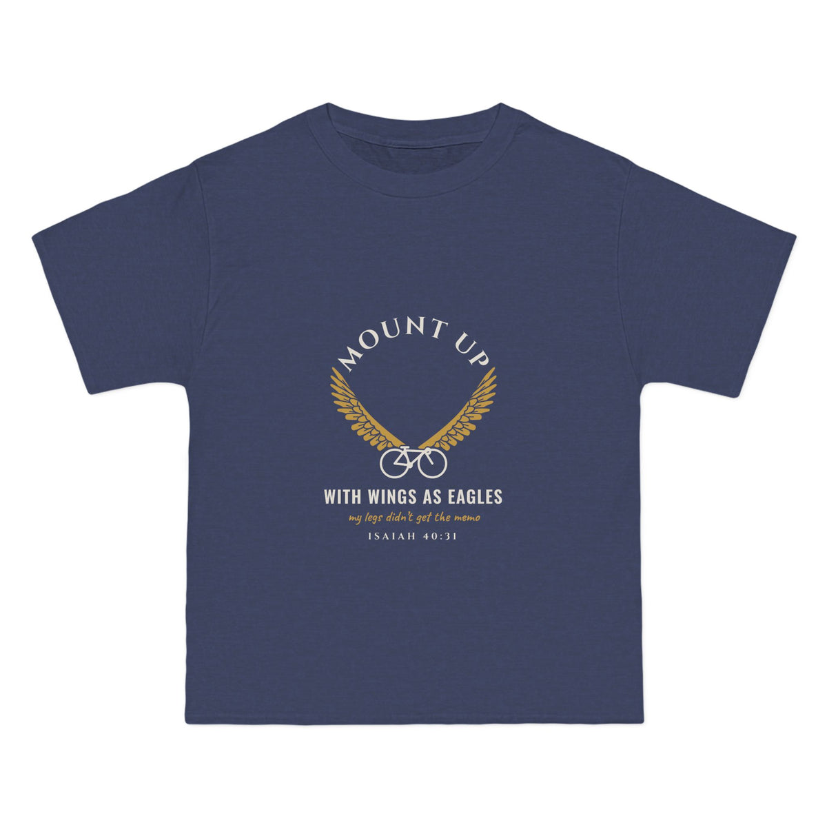 Mount Up (My Legs Didn't Get the Memo) Cycling Tee, Heather Navy, front view, MOUNT UP. (MY LEGS DIDN'T GET THE MEMO.), Isaiah 40:31 (KJV)