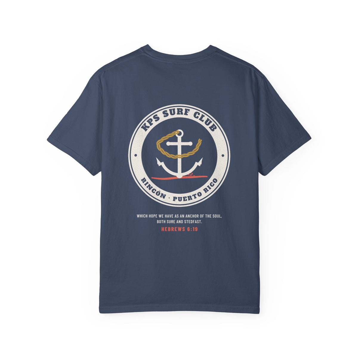 KPS Surf Club Anchor Tee, Midnight, back view, KPS SURF CLUB. Hebrews 6:19 (KJV)