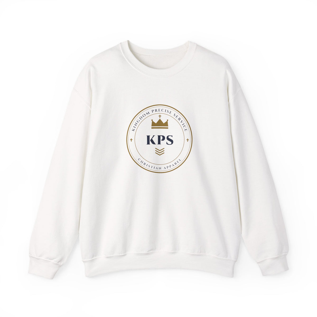 KPS Crest Crewneck, sweatshirt, White, front view, SEEK FIRST THE KINGDOM., Matthew 6:33 (KJV)