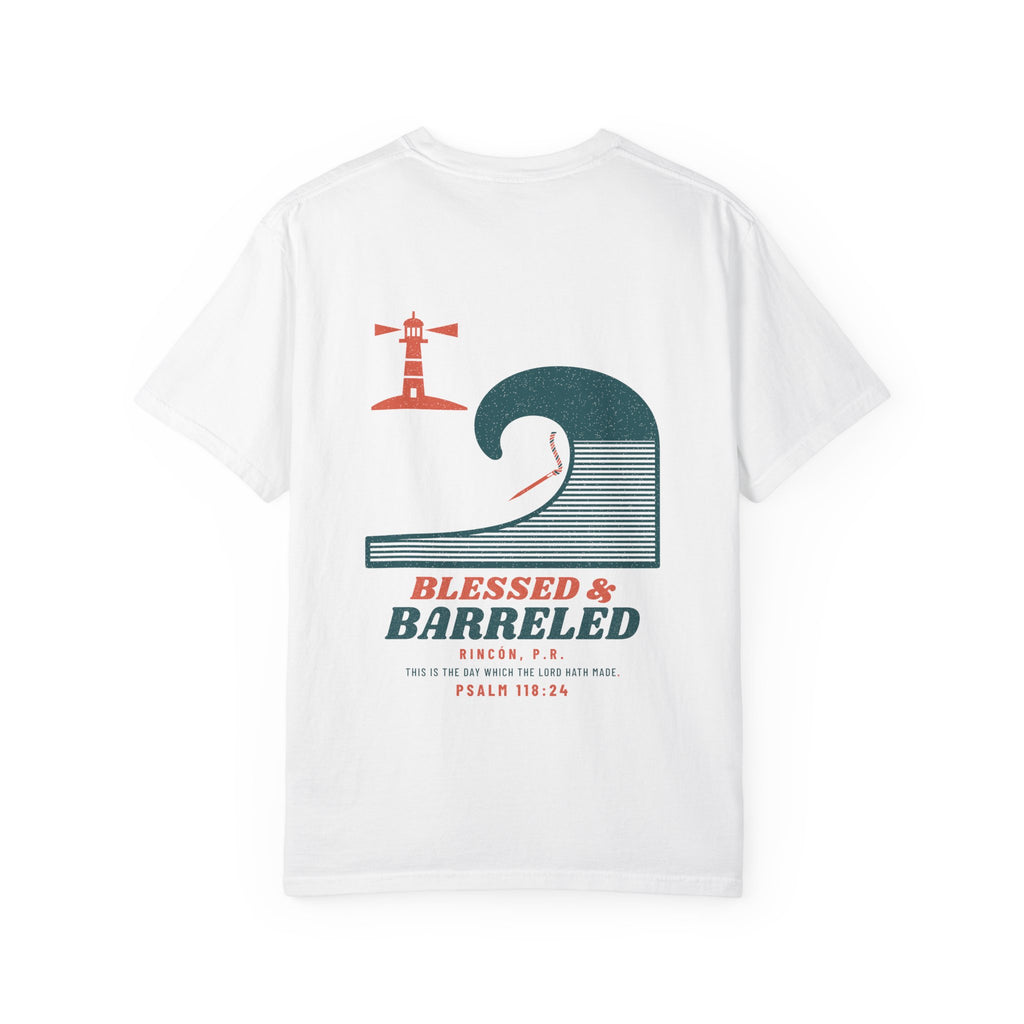 Blessed & Barreled Surf Tee, White, back view, BLESSED & BARRELED. Psalm 118:24 (KJV)