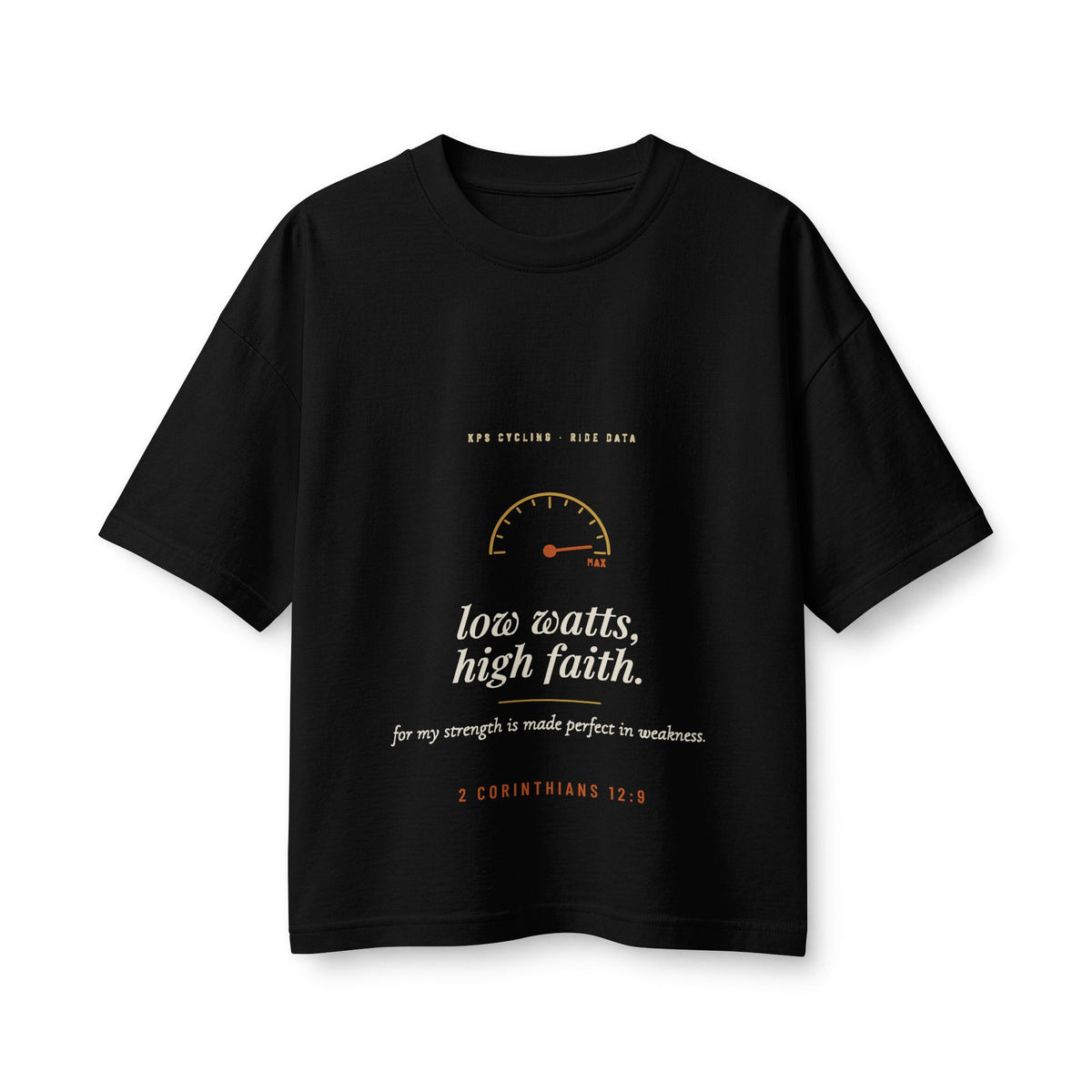 Low Watts High Faith Women's Boxy Tee, Black, front view, LOW WATTS. HIGH FAITH. 2 Corinthians 12:9 (KJV)