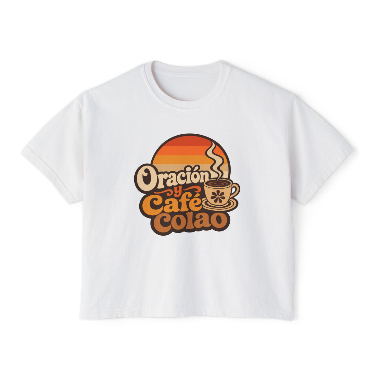 Oración y Café Colao Crop Tee, crop t-shirt, White, front view, ORACIÓN Y CAFÉ COLAO., Psalm 5:3 (KJV)