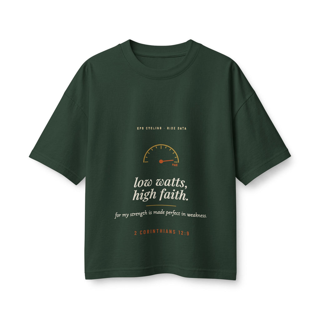 Low Watts High Faith Women's Boxy Tee, Forest, front view, LOW WATTS. HIGH FAITH. 2 Corinthians 12:9 (KJV)