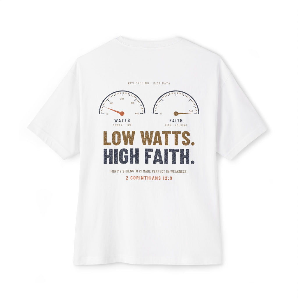 Low Watts High Faith Cycling Tee, White, back view, LOW WATTS. HIGH FAITH. 2 Corinthians 12:9 (KJV)