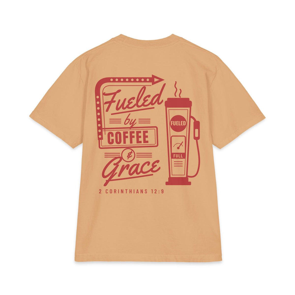 Fueled by Coffee & Grace Tee, t-shirt, Khaki, back view, FUELED BY COFFEE & GRACE., 2 Corinthians 12:9 (KJV)