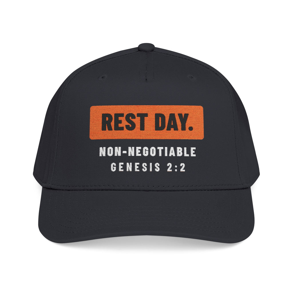 Rest Day Cap, Black, front view, REST DAY. NON-NEGOTIABLE. Genesis 2:2 (KJV)