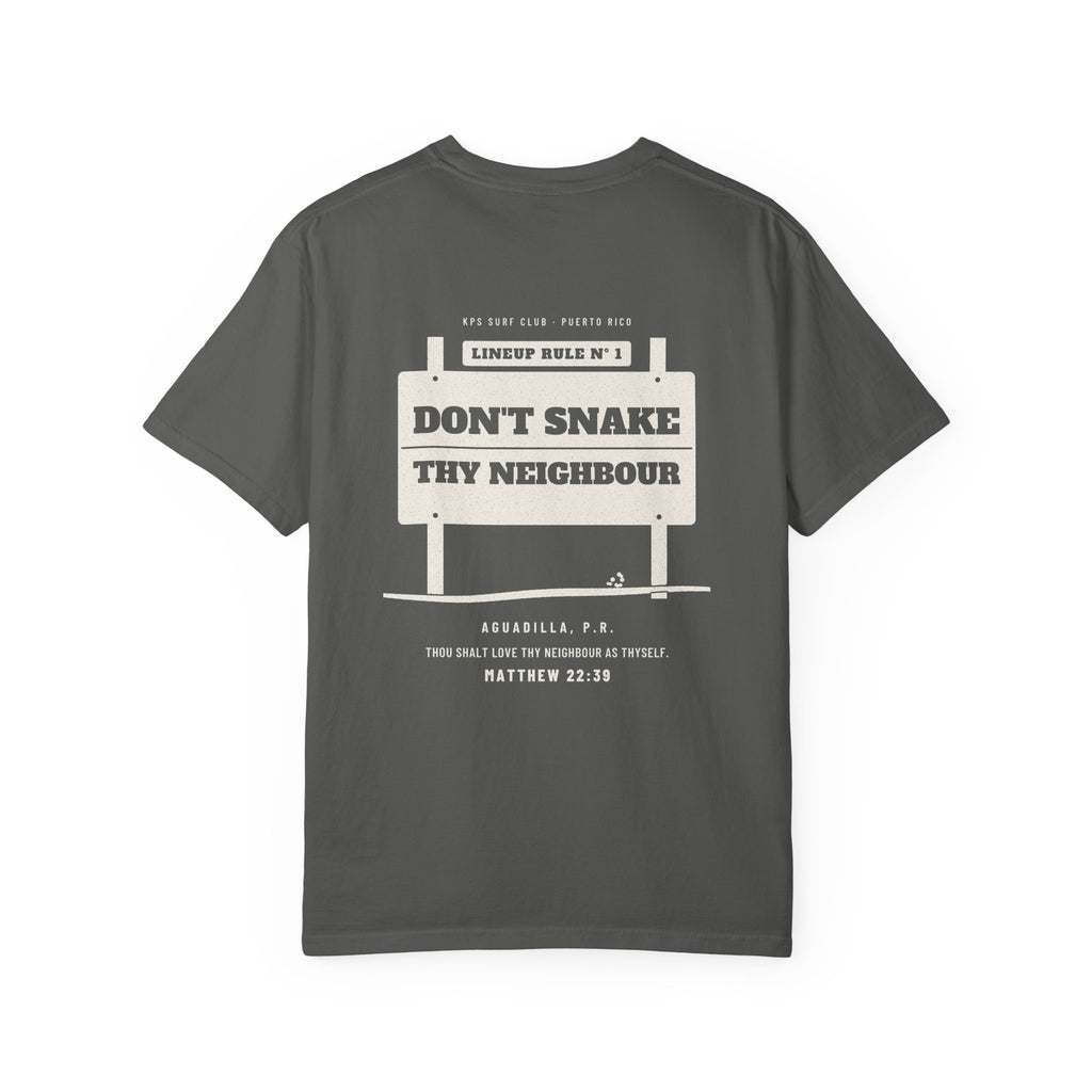 Don't Snake Thy Neighbour Surf Tee, Pepper, back view, DON'T SNAKE THY NEIGHBOUR. Matthew 22:39 (KJV)