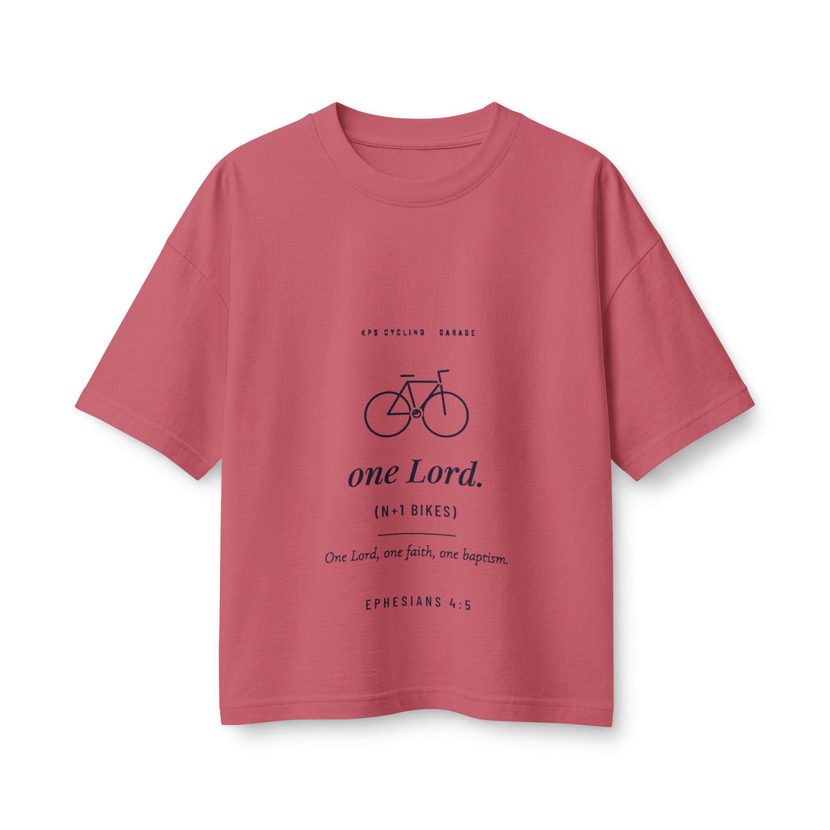 One Lord N+1 Bikes Women's Boxy Tee, Vintage Red, front view, ONE LORD. (N+1 BIKES.) Ephesians 4:5 (KJV)