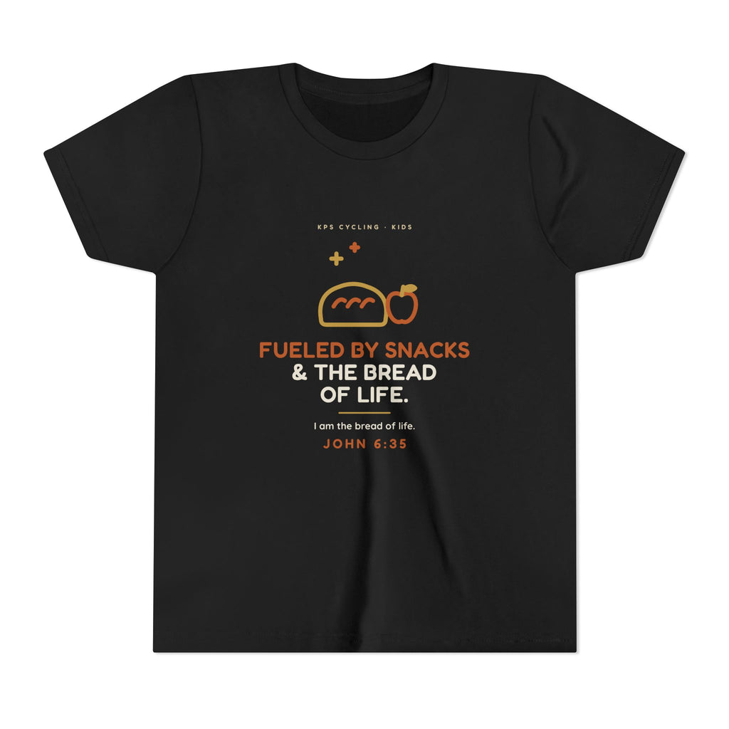 Fueled by Snacks & the Bread of Life Youth Tee, Black, front view, FUELED BY SNACKS & THE BREAD OF LIFE. John 6:35 (KJV)