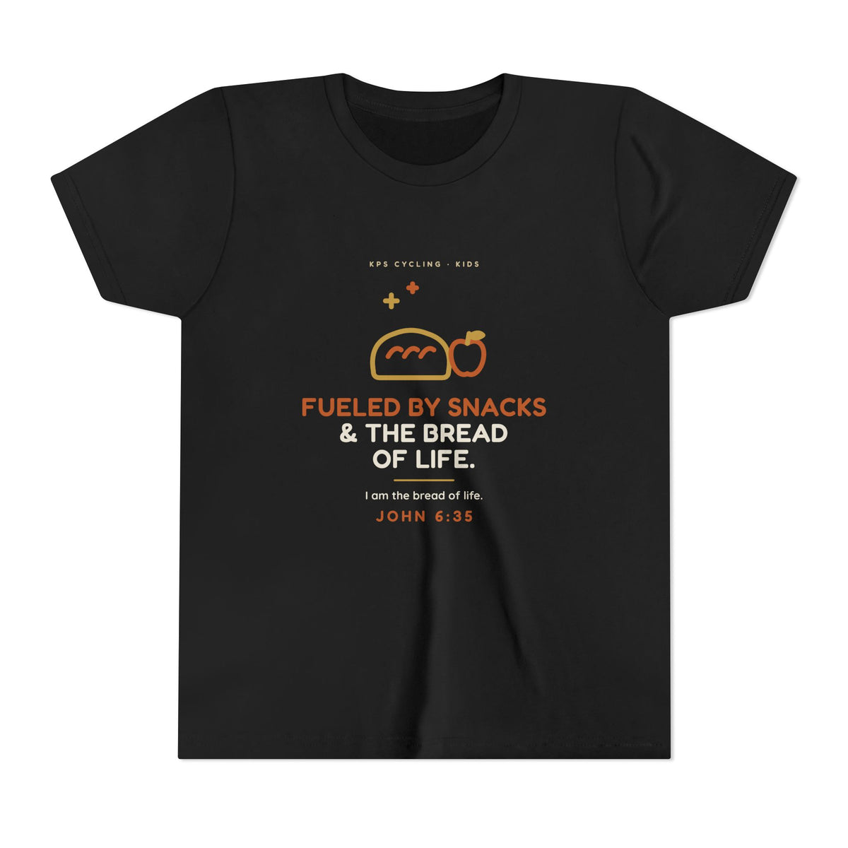 Fueled by Snacks & the Bread of Life Youth Tee, Black, front view, FUELED BY SNACKS & THE BREAD OF LIFE. John 6:35 (KJV)