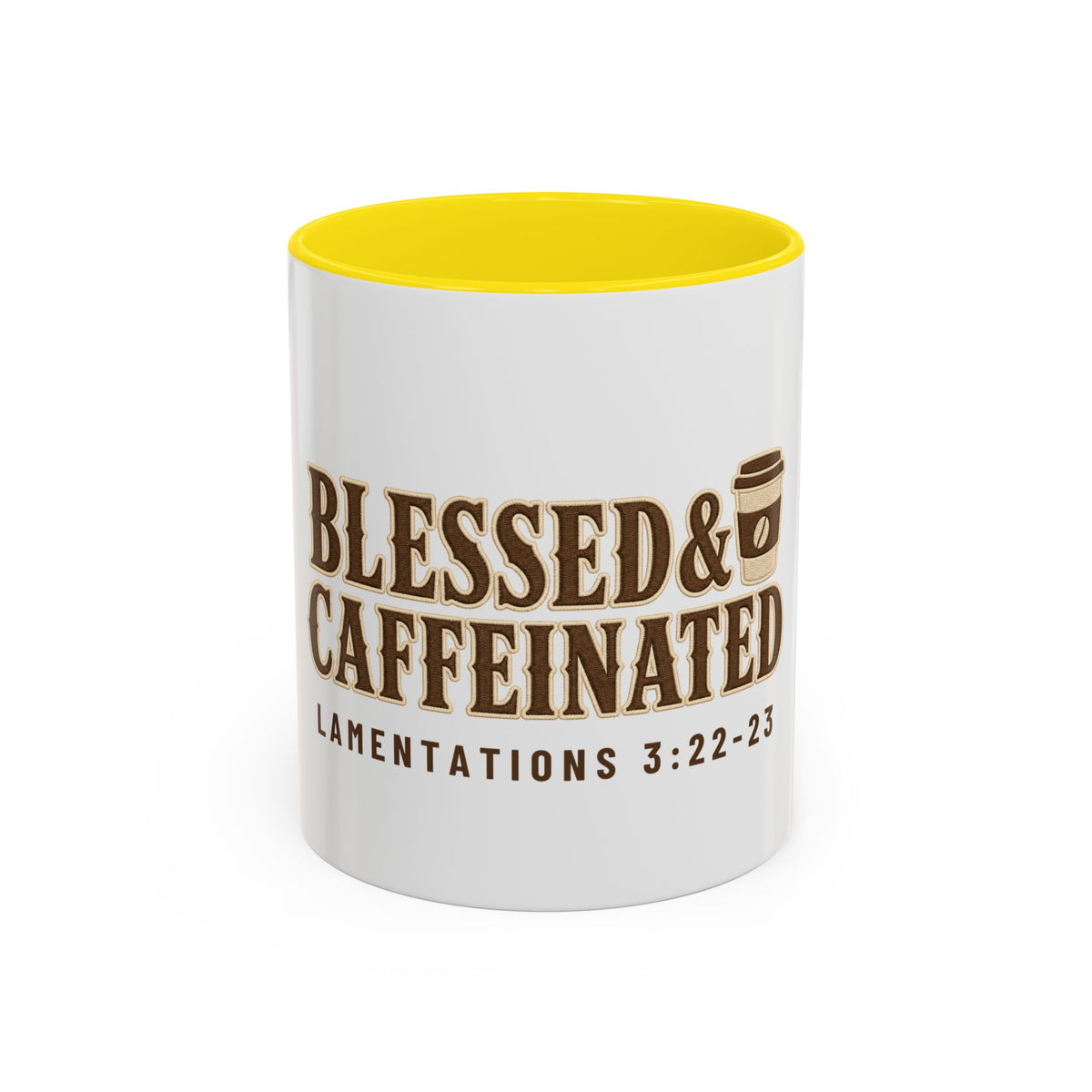 Blessed & Caffeinated Mug, mug, Yellow inside and handle, front view, BLESSED & CAFFEINATED, Lamentations 3:22-23 (KJV)