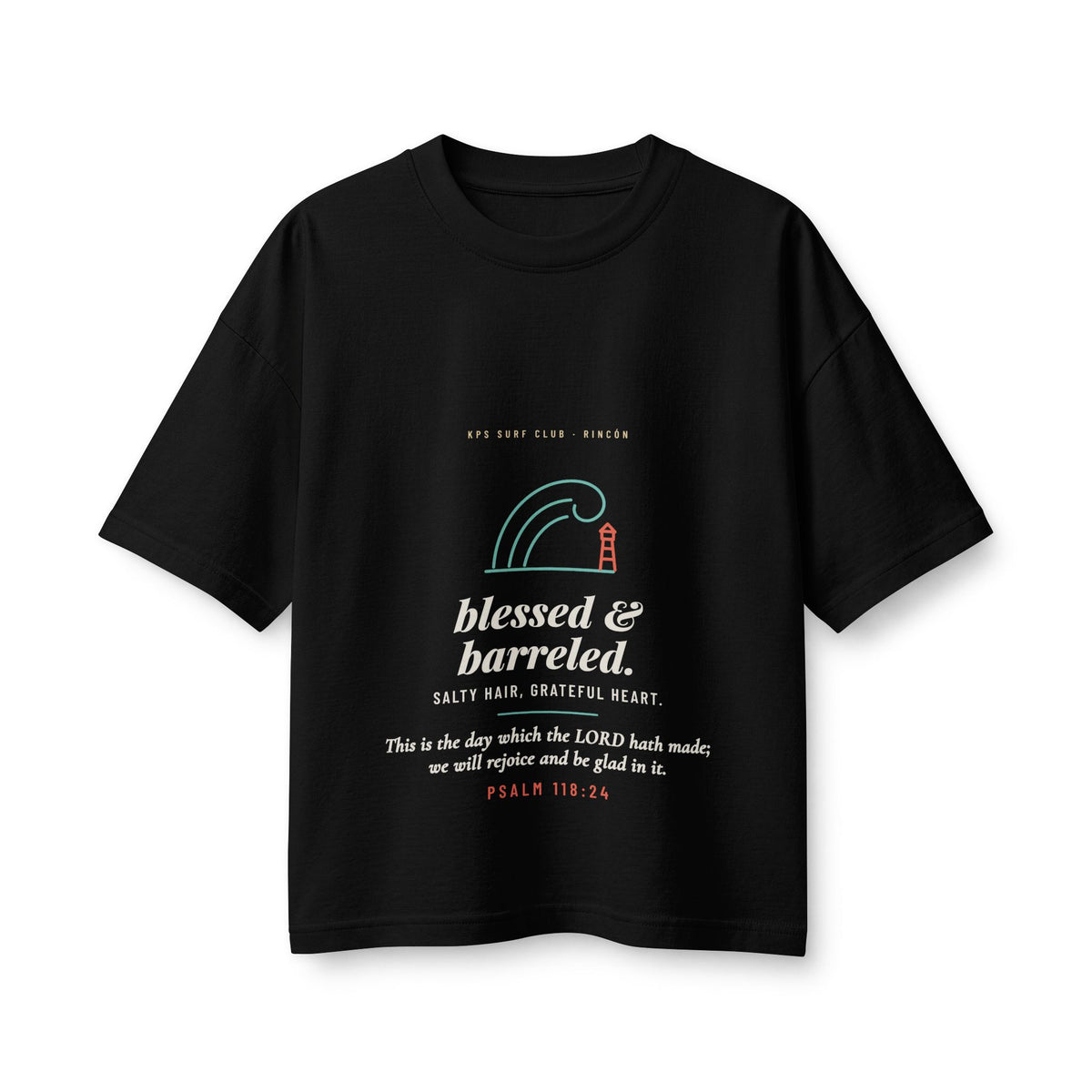 Blessed & Barreled Women's Boxy Tee, Black, front view, BLESSED & BARRELED. SALTY HAIR, GRATEFUL HEART. Psalm 118:24 (KJV)