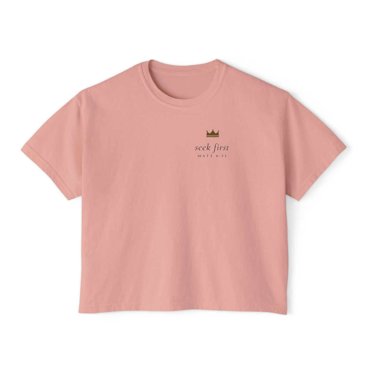 Seek First Minimal Crop Tee, t-shirt, Peachy, front view, SEEK FIRST., Matthew 6:33 (KJV)