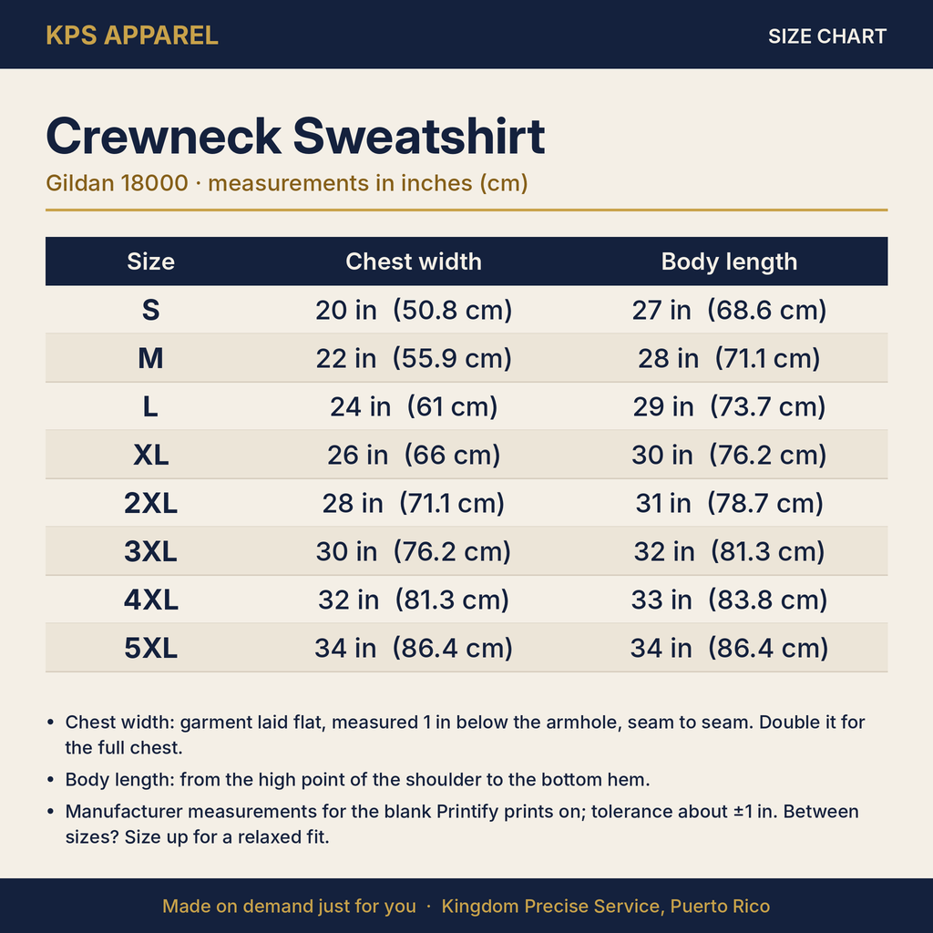 Be Strong and of a Good Courage Women's Crewneck, size chart with measurements