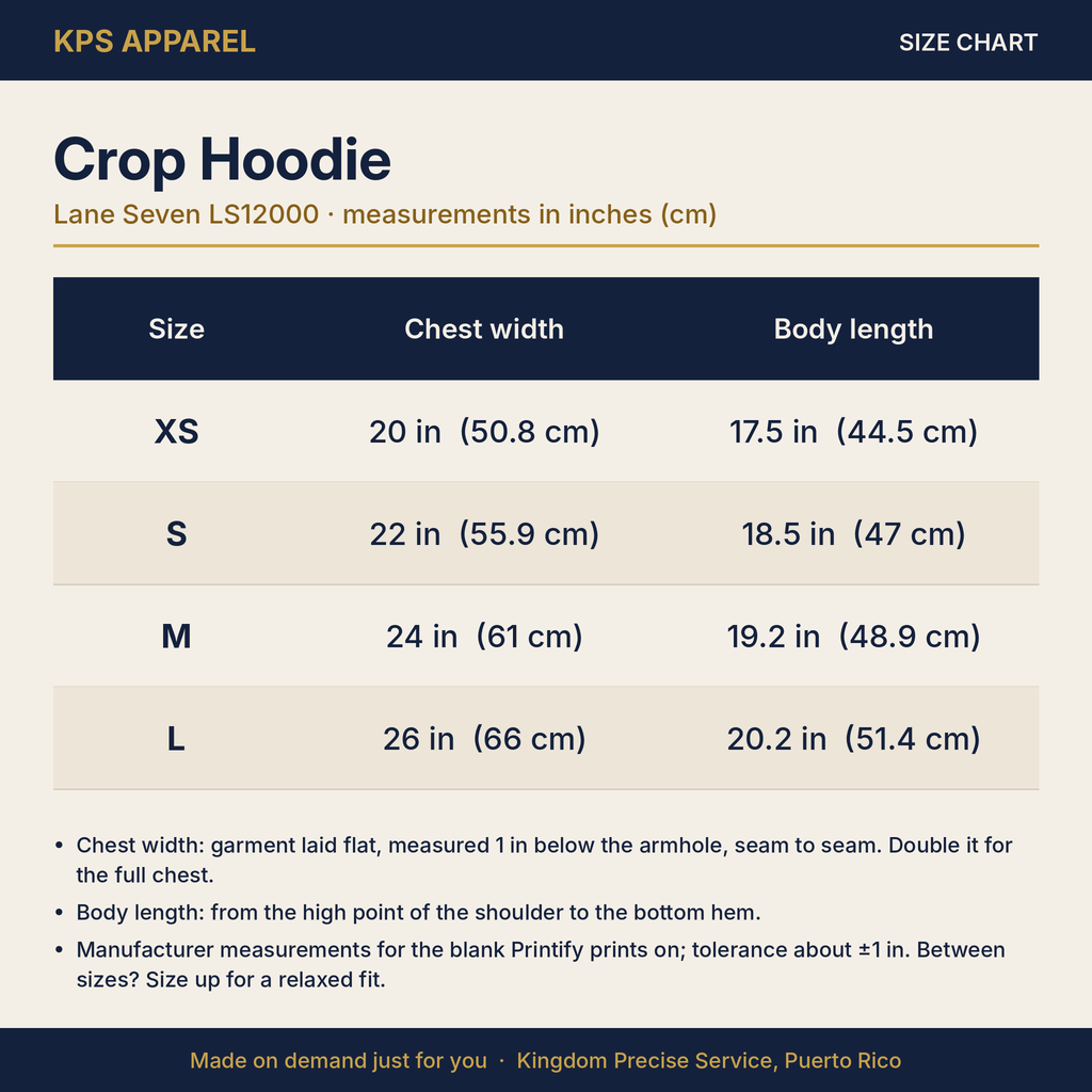 Pray Through It Cropped Hoodie, size chart with measurements