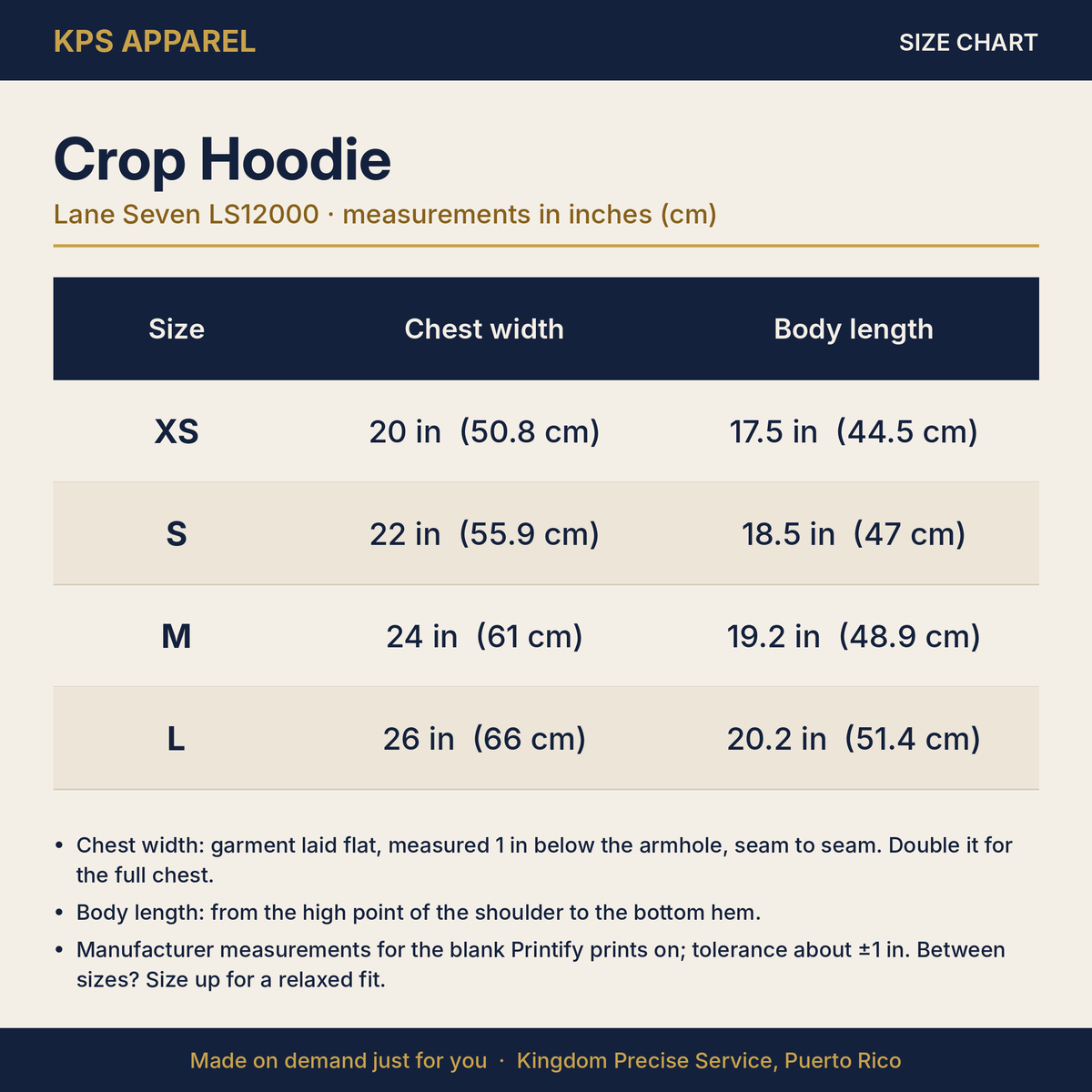 Pray Through It Cropped Hoodie, size chart with measurements