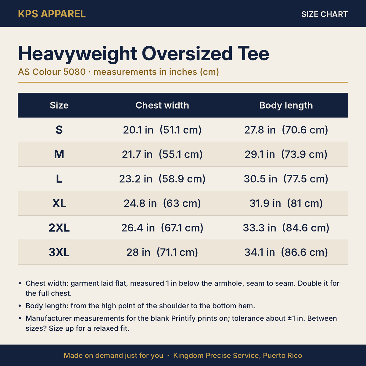 He Will Not Fail Thee Heavyweight Tee, size chart with measurements