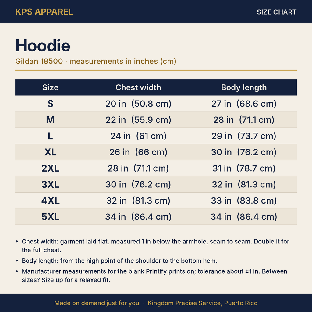 Fear Not Lion Hoodie, size chart with measurements