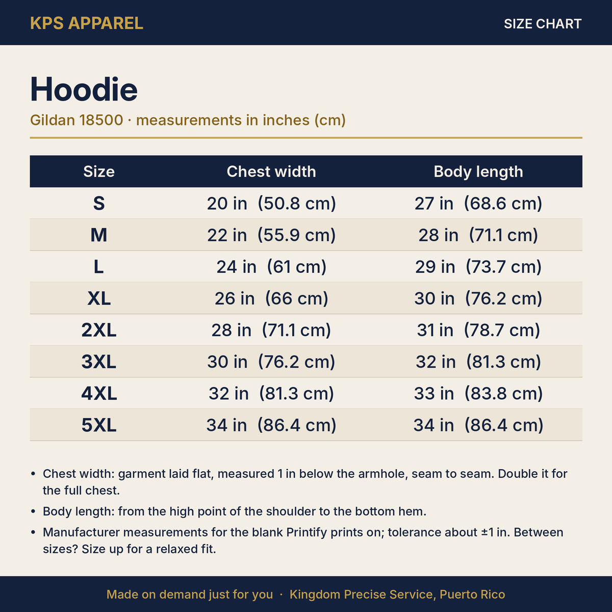 Fear Not Lion Hoodie, size chart with measurements