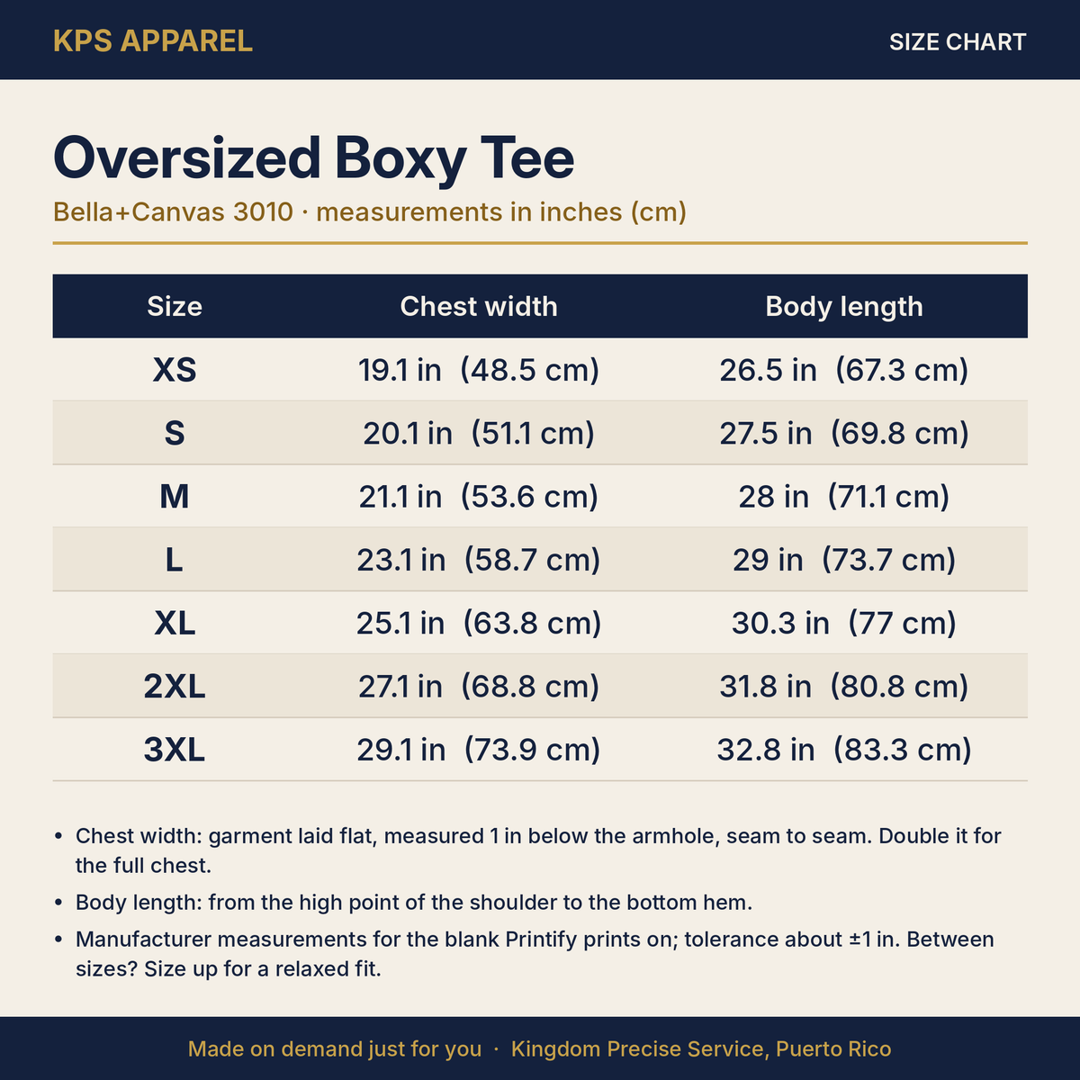 Fear Not the Hill Cycling Tee, size chart with measurements
