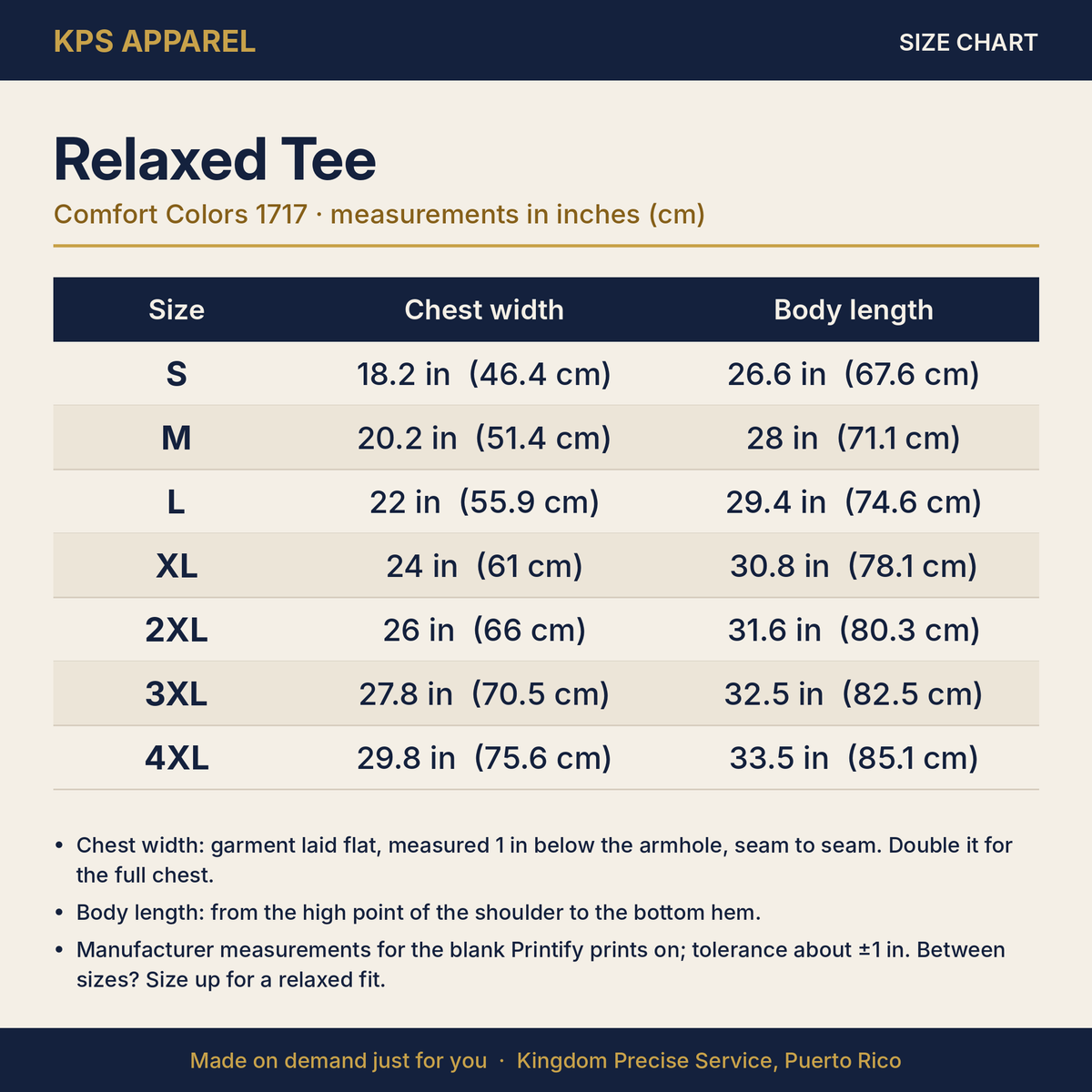 Don't Snake Thy Neighbour Surf Tee, size chart with measurements