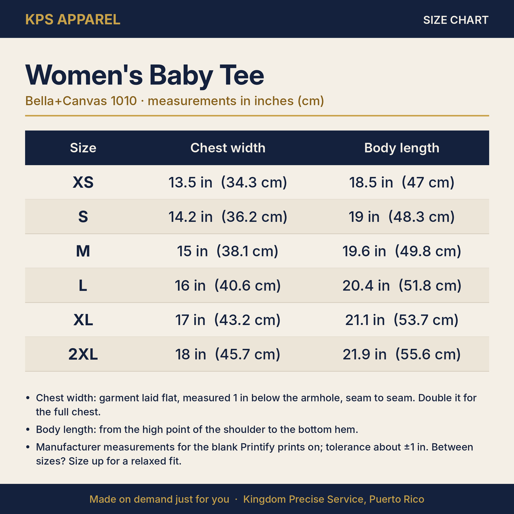 Walk by Faith Women's Baby Tee, size chart with measurements
