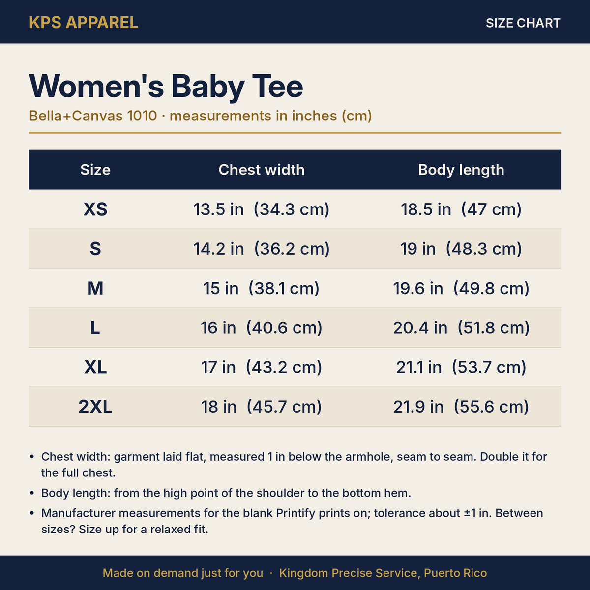 Walk by Faith Women's Baby Tee, size chart with measurements