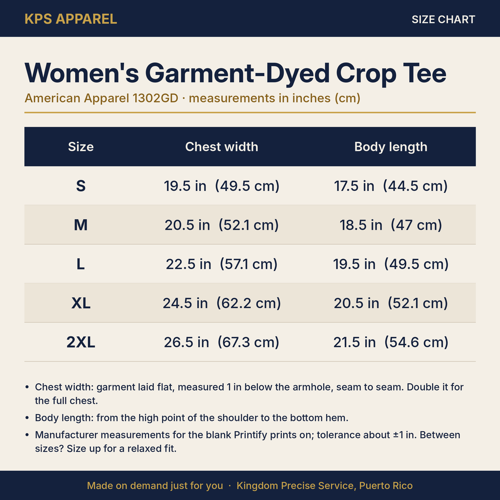 KPS size chart, women's garment-dyed crop tee, American Apparel 1302GD, measurements in inches and cm
