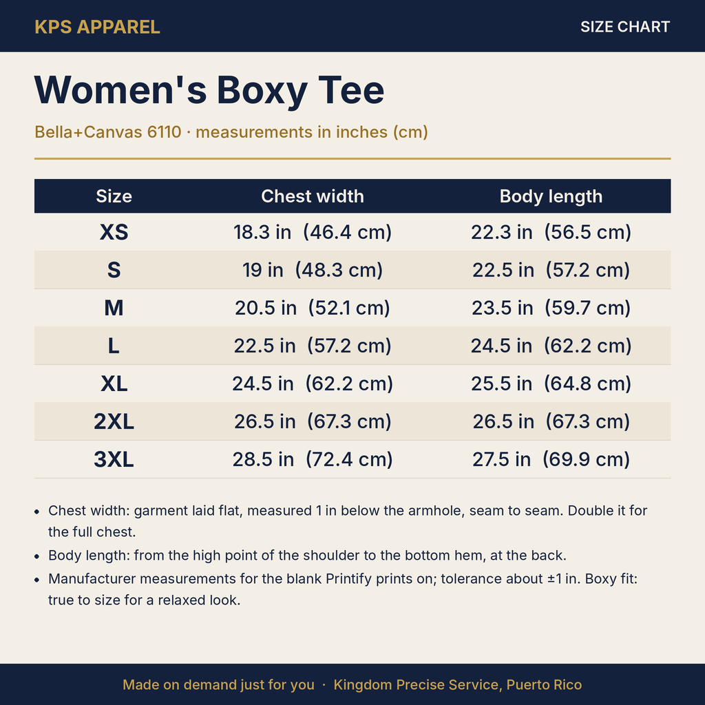 Headwind Worketh Patience Women's Boxy Tee, size chart with measurements