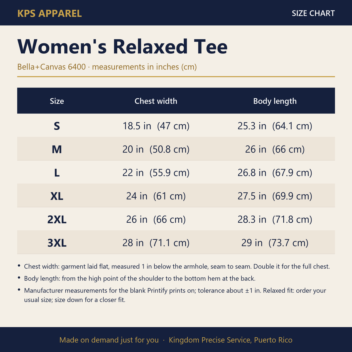 In The Beginning Women's Tee, size chart with measurements