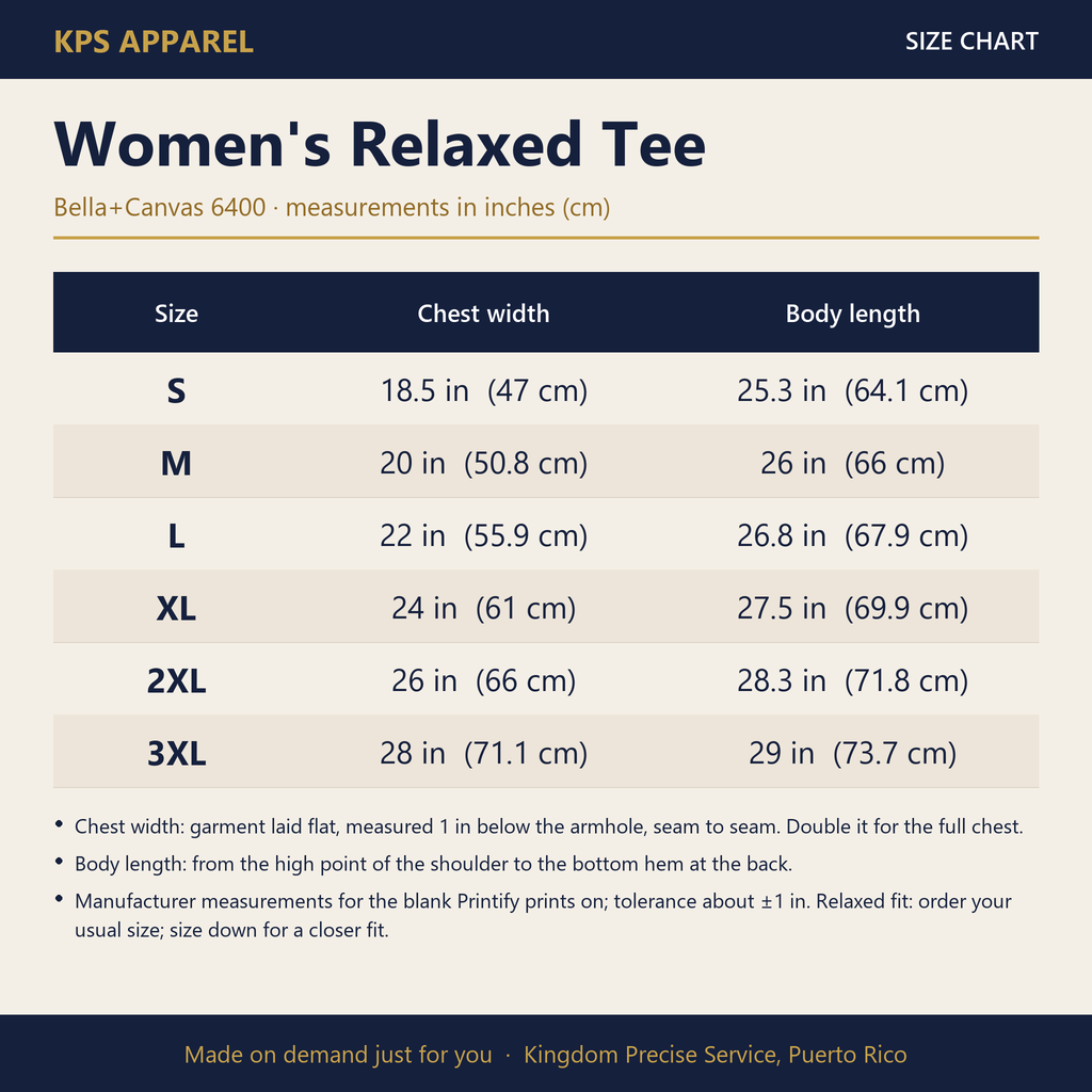 Wings As Eagles Women's Relaxed Tee, size chart with measurements