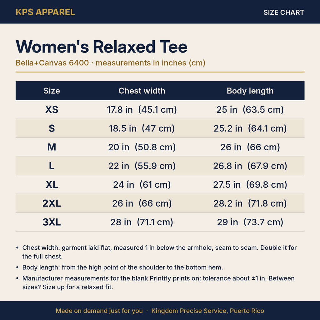 Wings As Eagles Women's Relaxed Tee, size chart with measurements